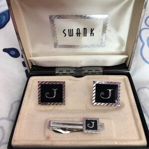 Vintage letter J cuff links and tie clip